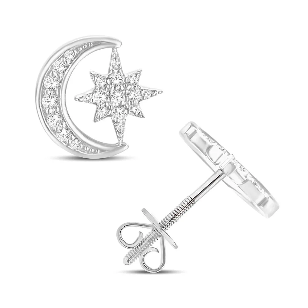10 Karat White Gold 0.21 Carat Diamond Moon & Star Earrings