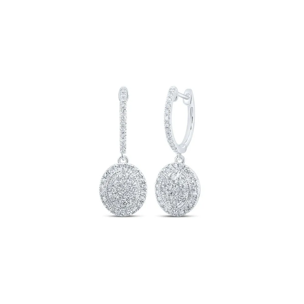 10kt White Gold Diamond Oval Dangle Hoop Earrings - Exquisite Elegance