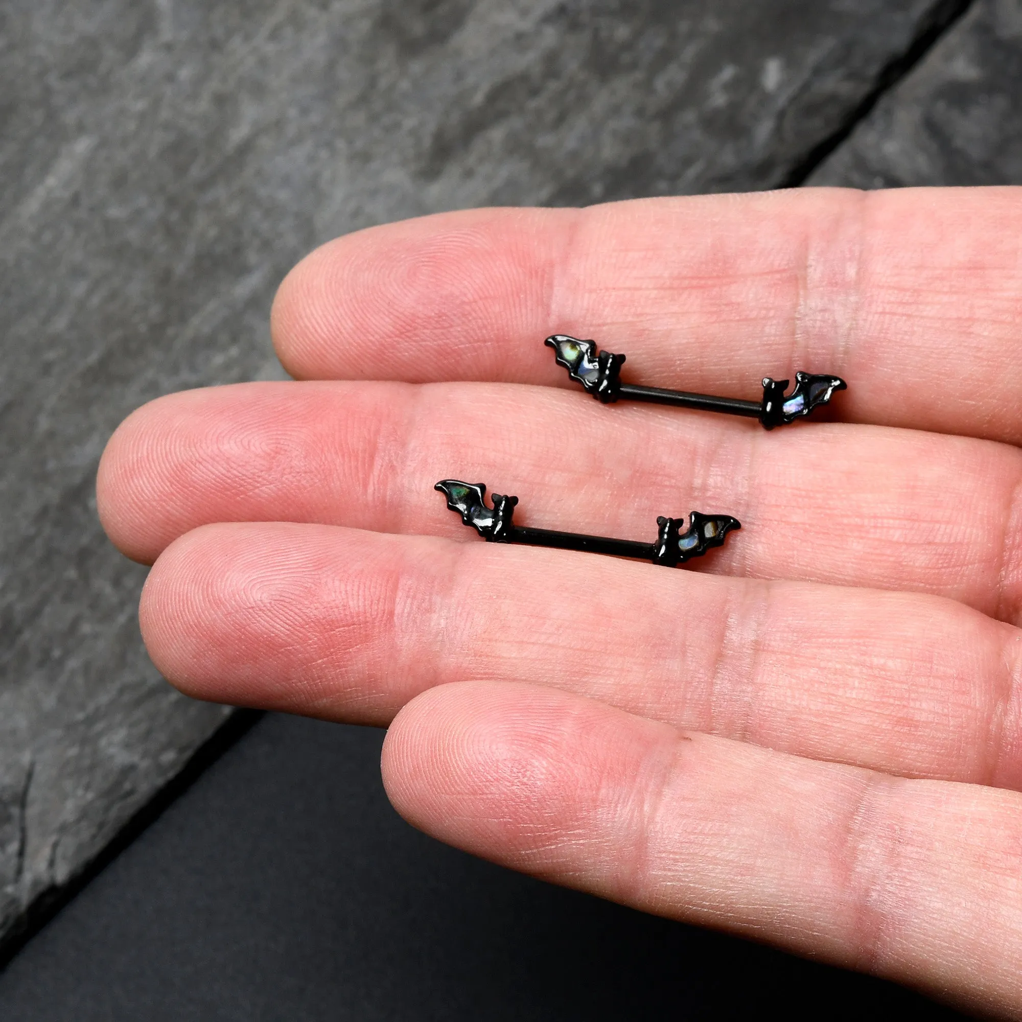 14 Gauge 9/16 Black Subtle Bat Barbell Nipple Ring Set