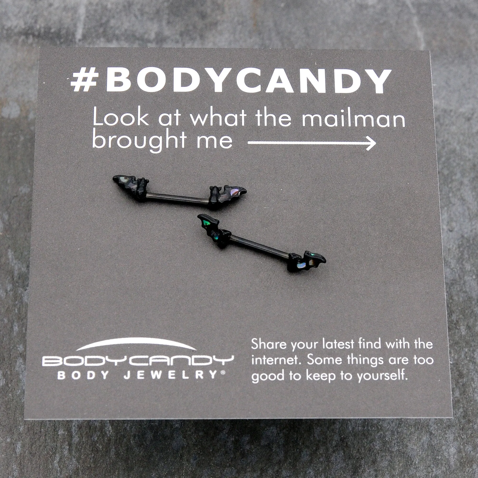 14 Gauge 9/16 Black Subtle Bat Barbell Nipple Ring Set