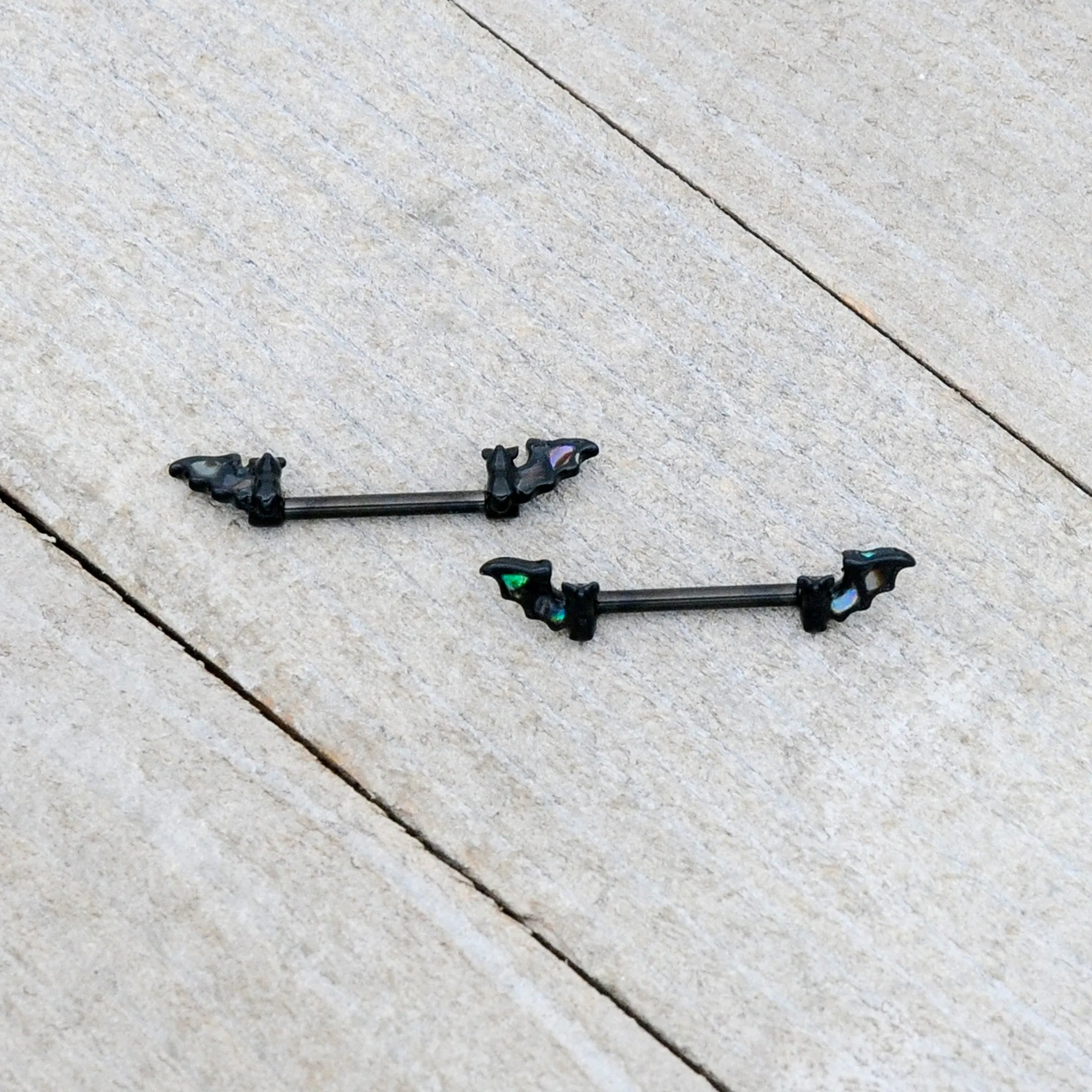 14 Gauge 9/16 Black Subtle Bat Barbell Nipple Ring Set