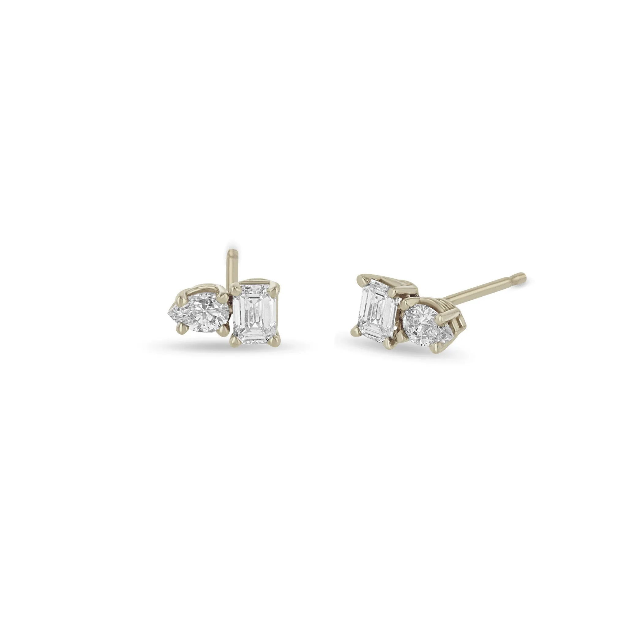 14k Prong Pear & Emerald Cut Diamond Studs