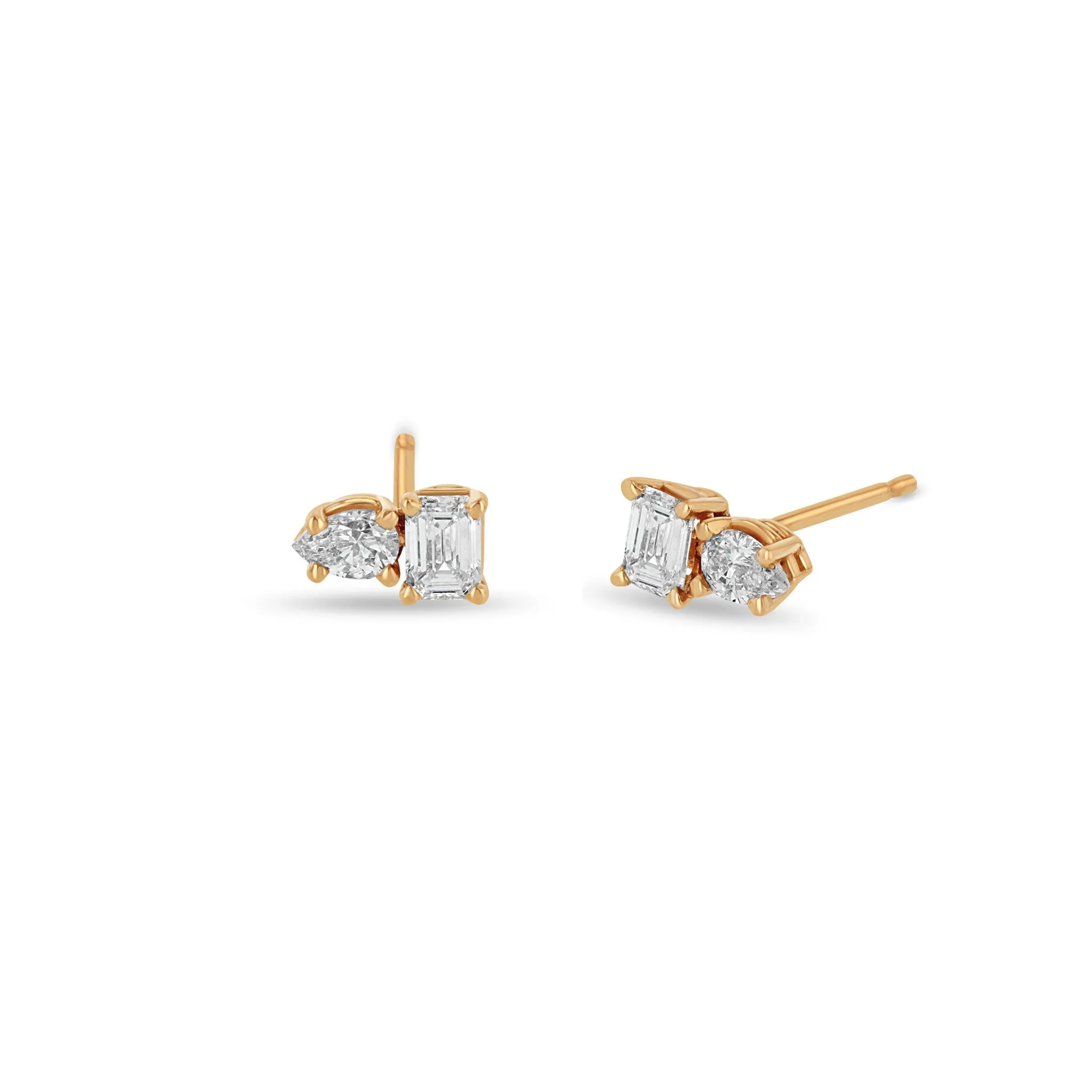 14k Prong Pear & Emerald Cut Diamond Studs