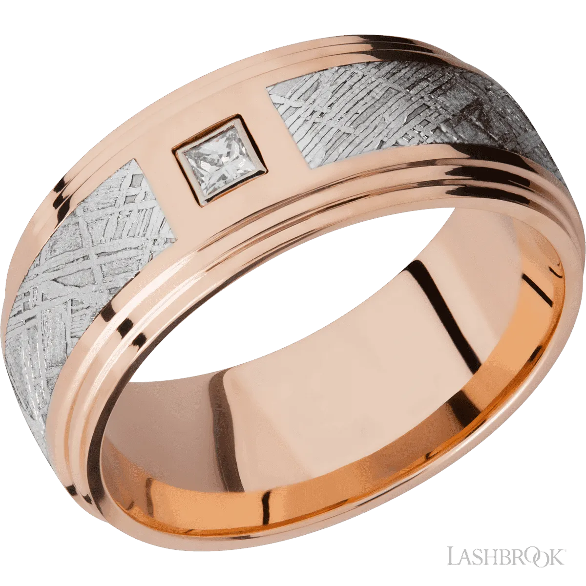 14K Rose Gold flat band with a double grooved edge, a meteorite inlay and a princess cut diamond - 9MM