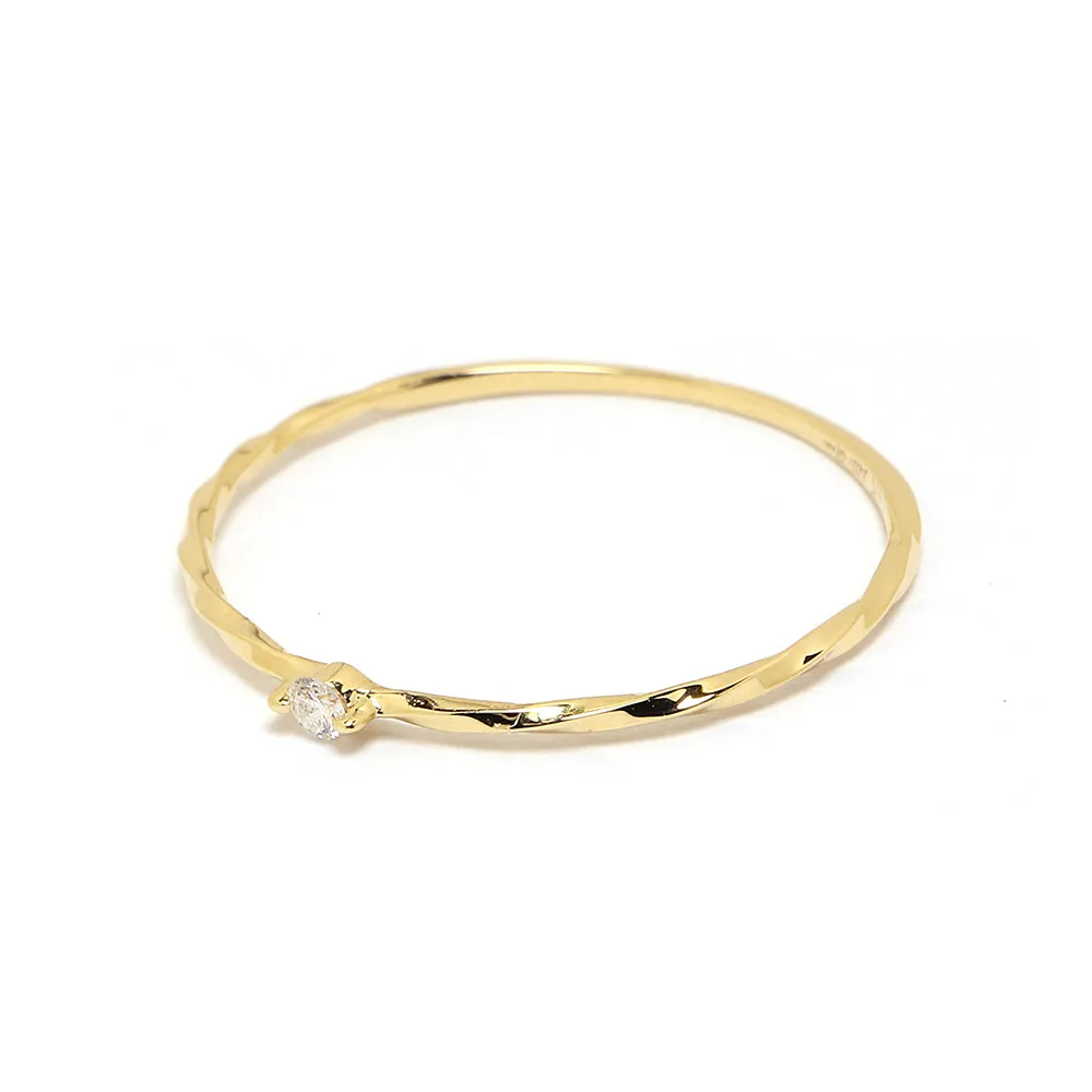 14k Solid Yellow Gold Dainty Solitaire Diamond Twist Ring