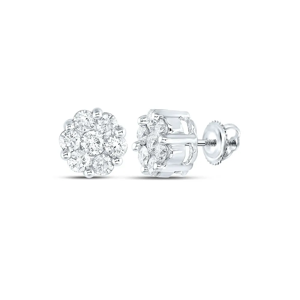 14kt White Gold Diamond Blossom Cluster Earrings - Radiant Floral Brilliance