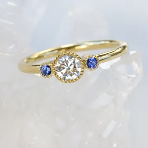 18ct Gold Diamond and Ceylon Blue Sapphire Trilogy Ring