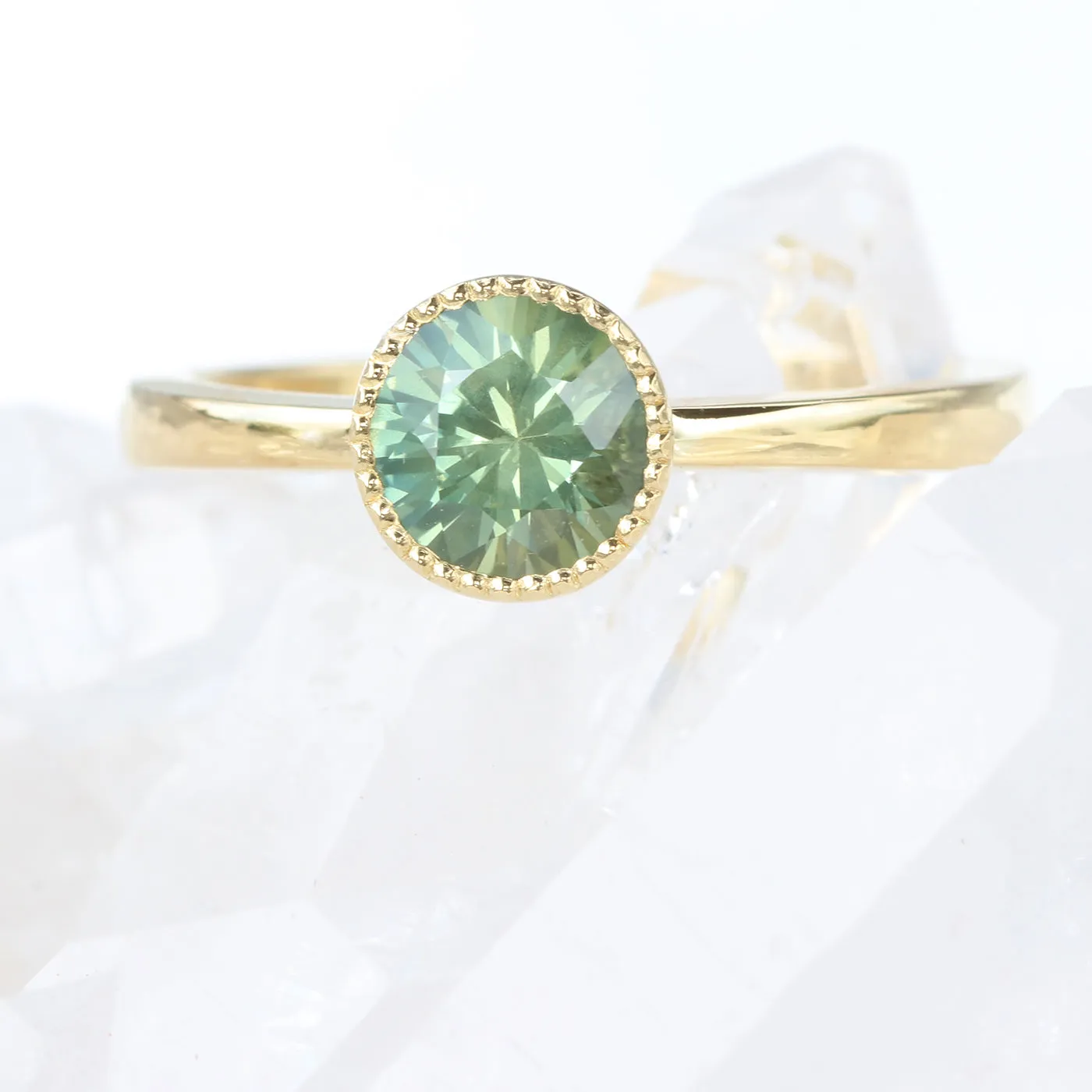 18ct Gold Green Sapphire Milgrain Solitaire Engagement Ring