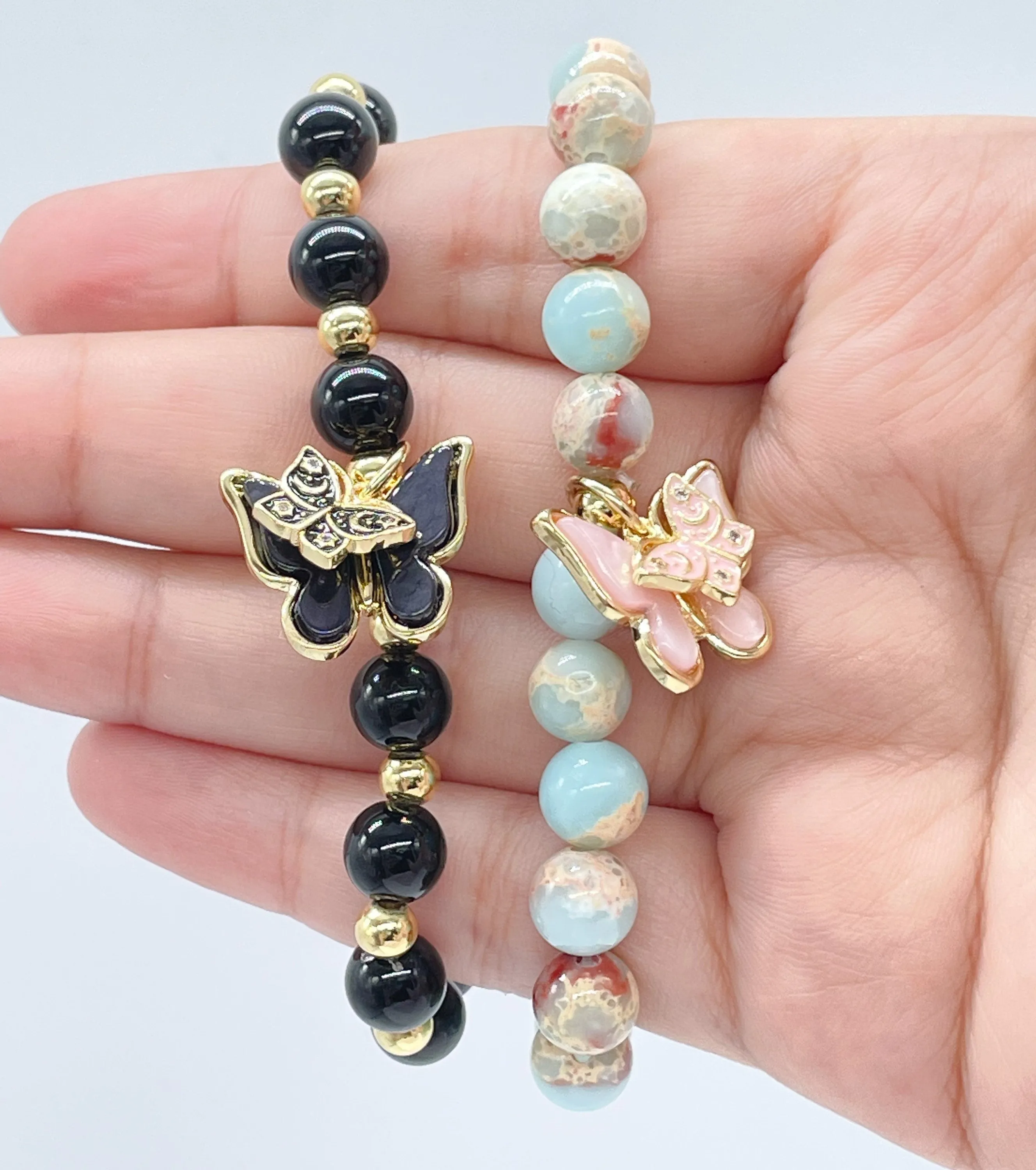 18k Gold Filled Colorful Natural Stones Bead Bracelets Featuring Colorful Hanged Butterfly Charm Stackable Bracelets