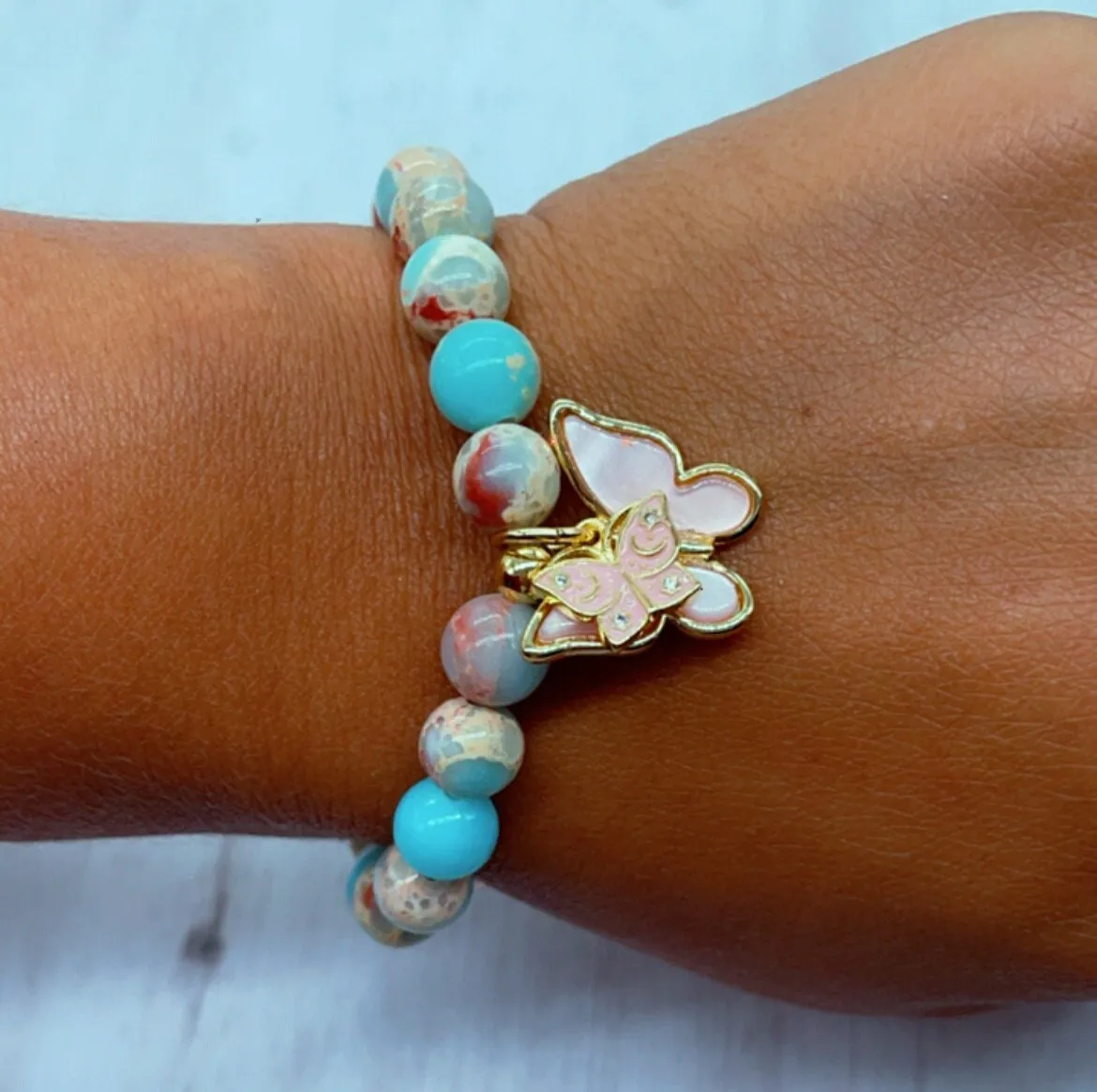 18k Gold Filled Colorful Natural Stones Bead Bracelets Featuring Colorful Hanged Butterfly Charm Stackable Bracelets