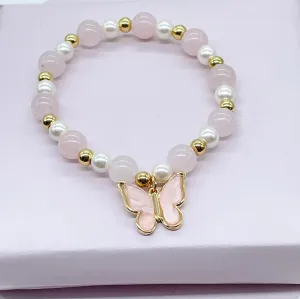 18k Gold Filled Colorful Natural Stones Bead Bracelets Featuring Colorful Hanged Butterfly Charm Stackable Bracelets