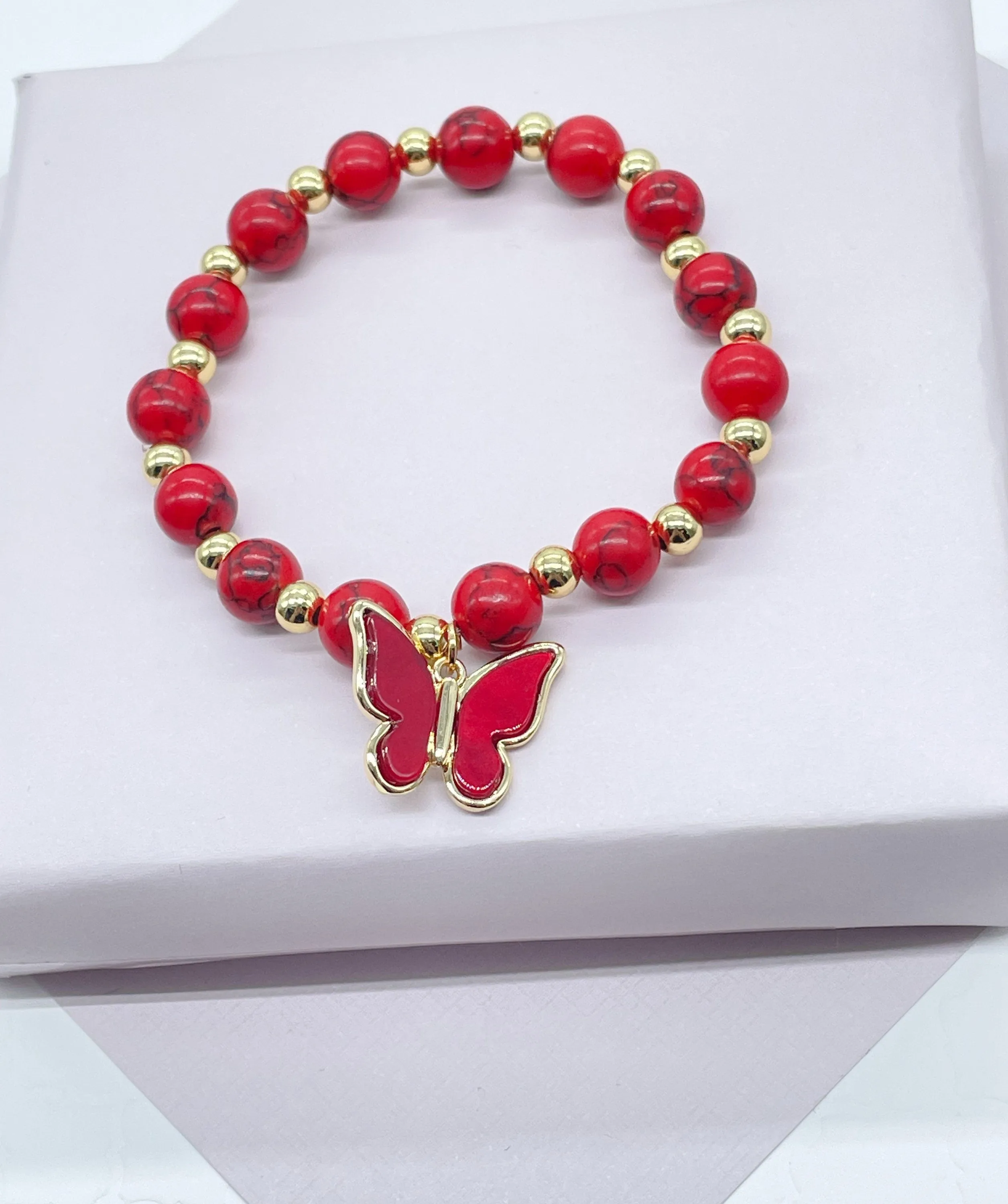 18k Gold Filled Colorful Natural Stones Bead Bracelets Featuring Colorful Hanged Butterfly Charm Stackable Bracelets