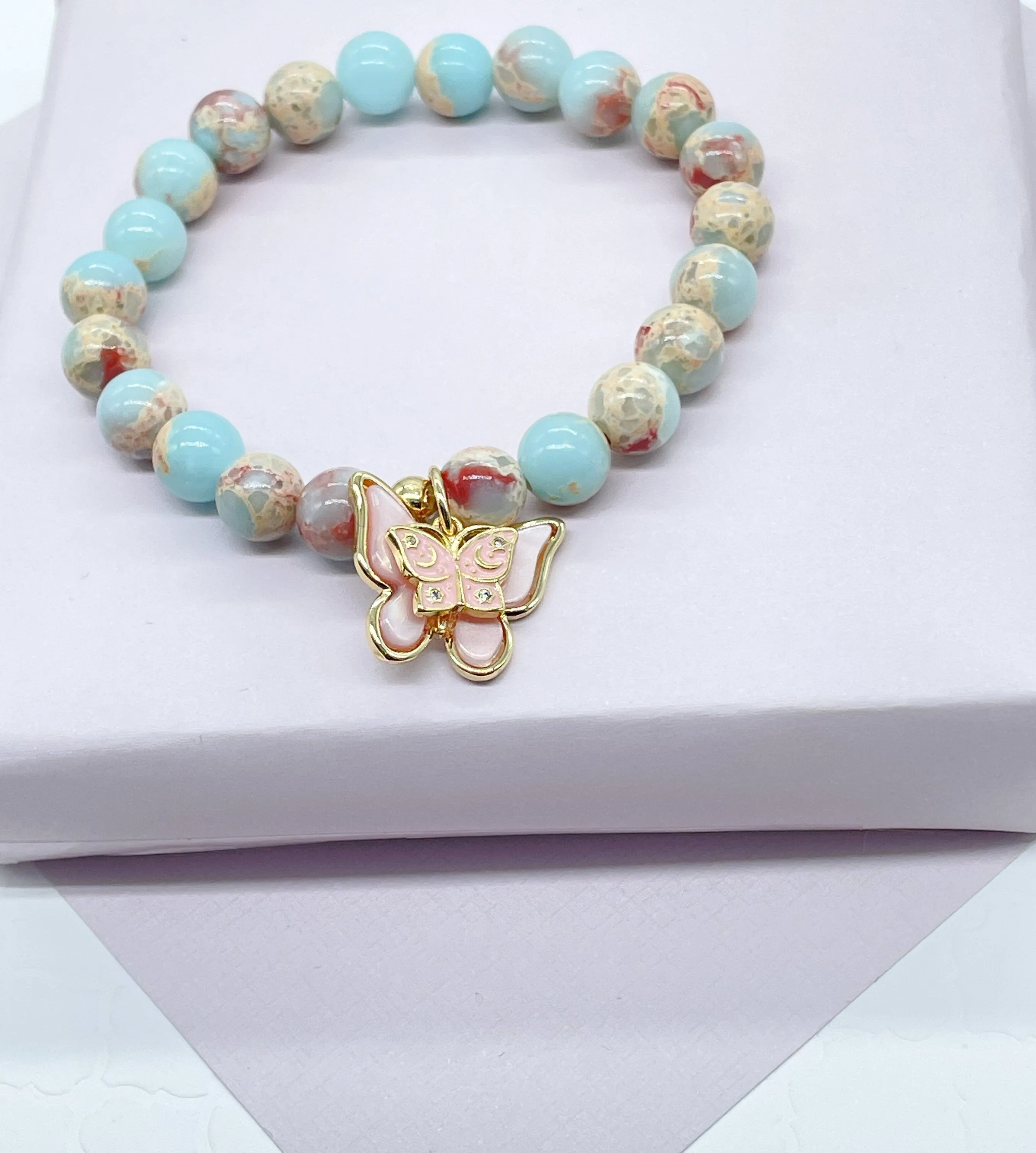 18k Gold Filled Colorful Natural Stones Bead Bracelets Featuring Colorful Hanged Butterfly Charm Stackable Bracelets