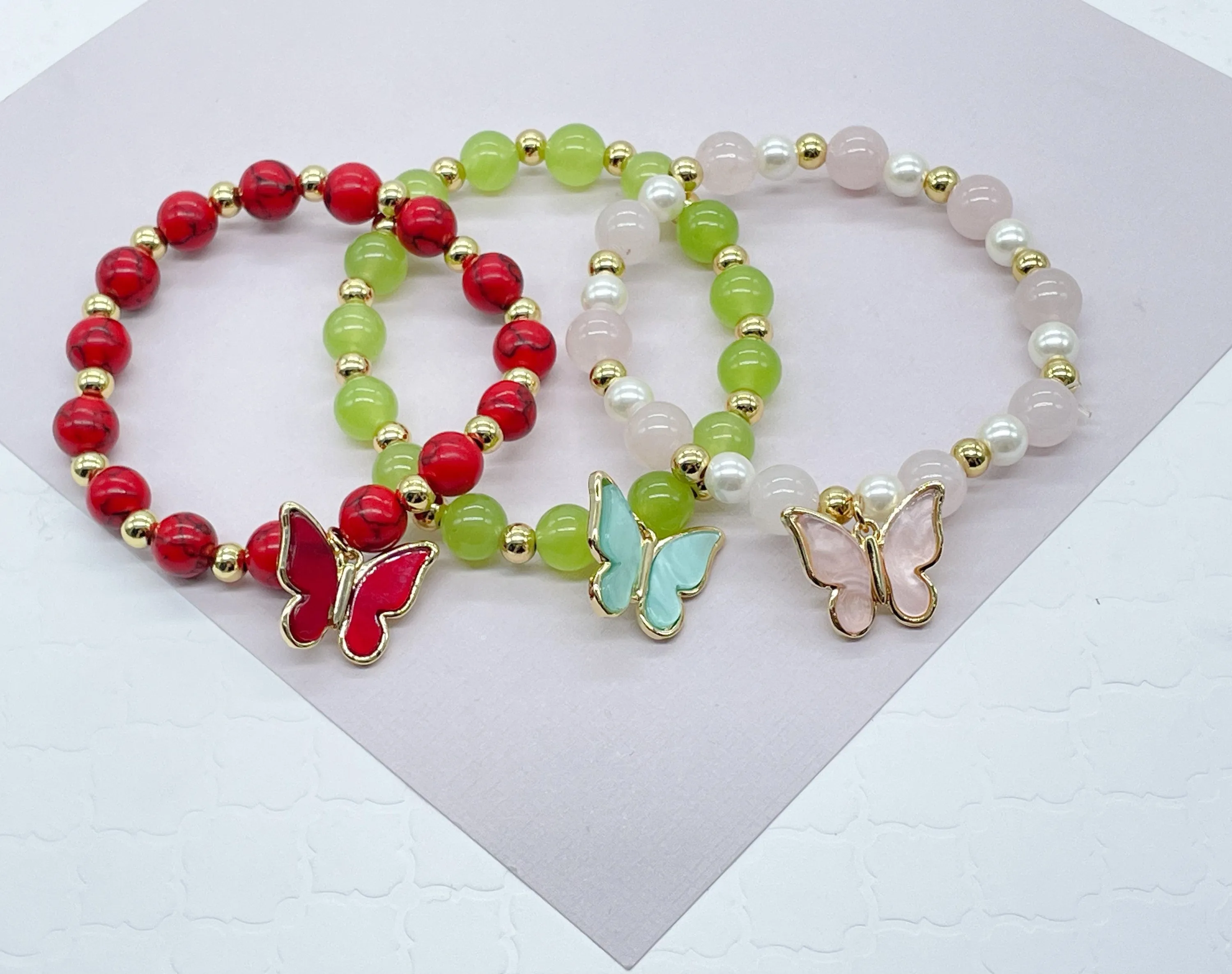 18k Gold Filled Colorful Natural Stones Bead Bracelets Featuring Colorful Hanged Butterfly Charm Stackable Bracelets