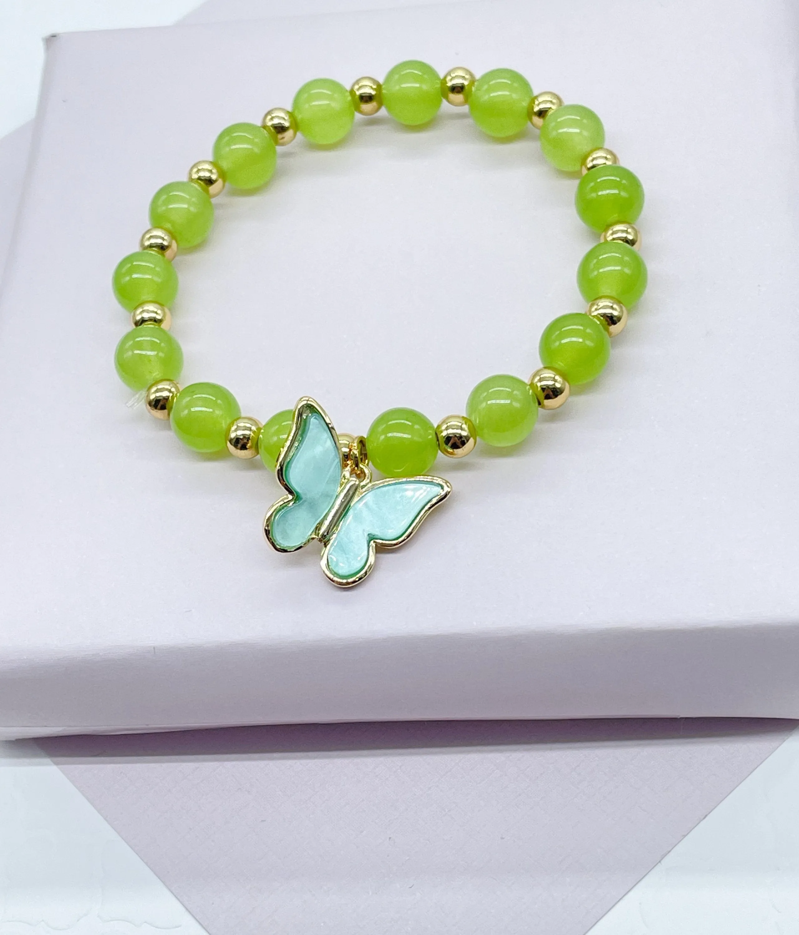 18k Gold Filled Colorful Natural Stones Bead Bracelets Featuring Colorful Hanged Butterfly Charm Stackable Bracelets