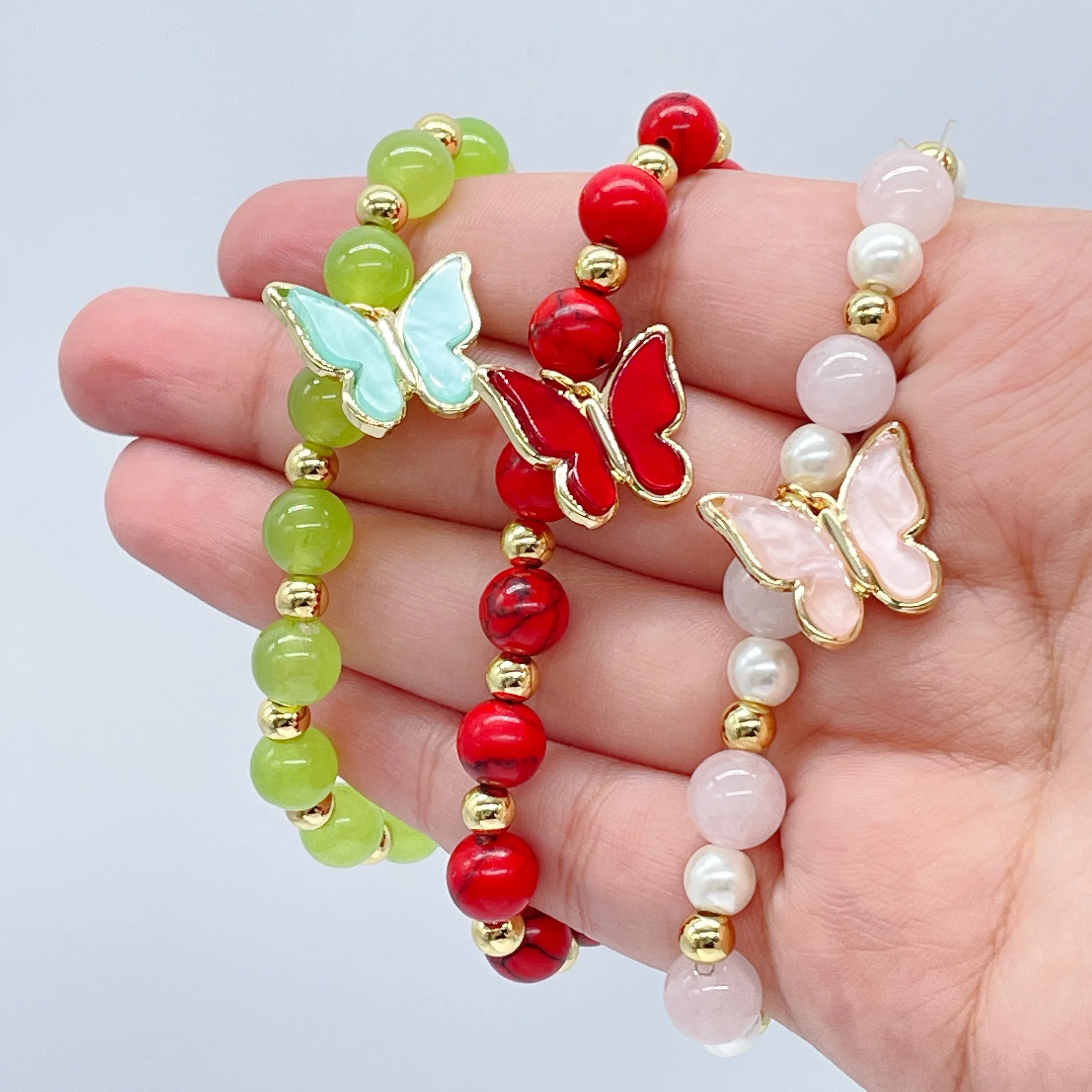 18k Gold Filled Colorful Natural Stones Bead Bracelets Featuring Colorful Hanged Butterfly Charm Stackable Bracelets