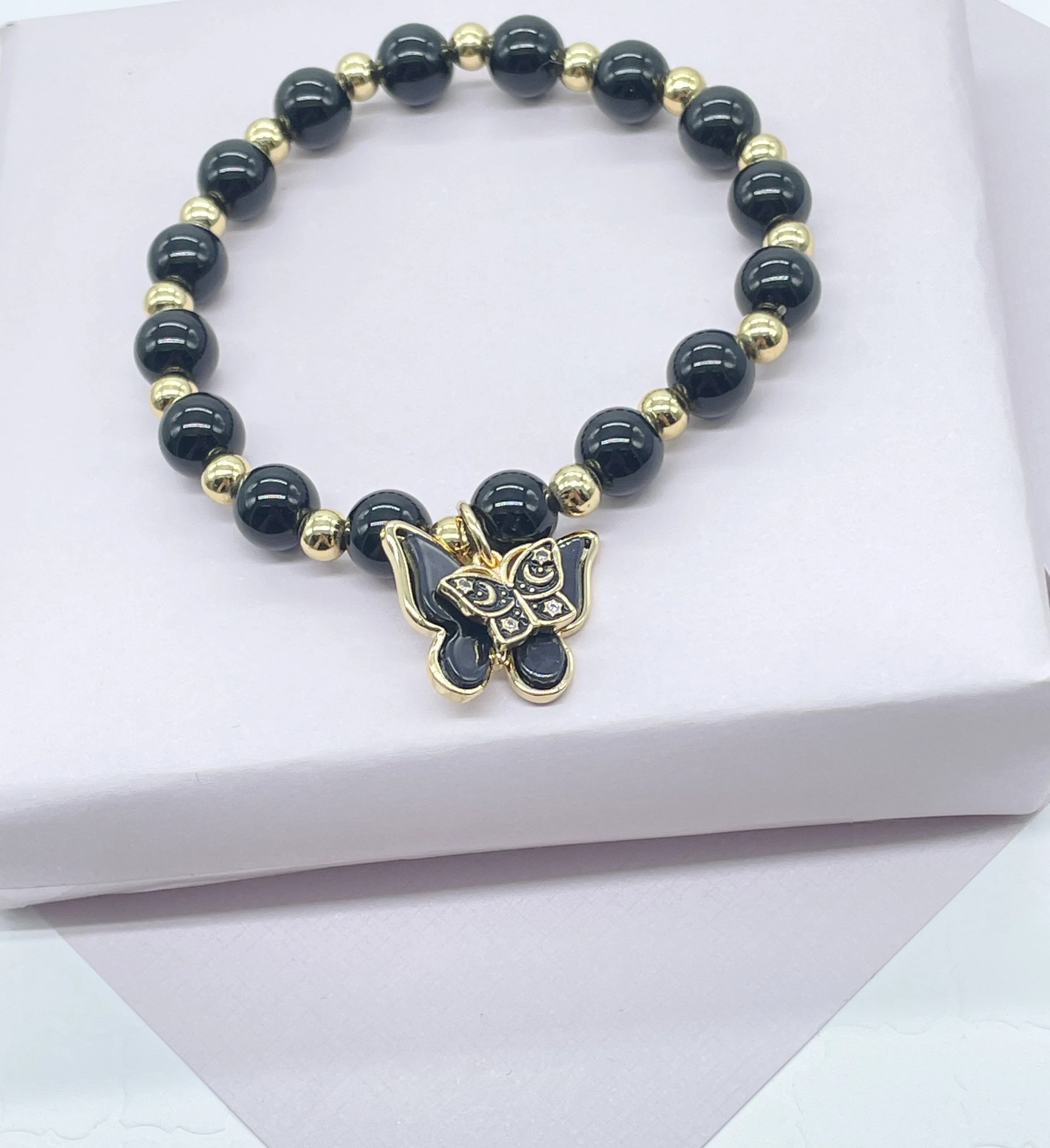 18k Gold Filled Colorful Natural Stones Bead Bracelets Featuring Colorful Hanged Butterfly Charm Stackable Bracelets