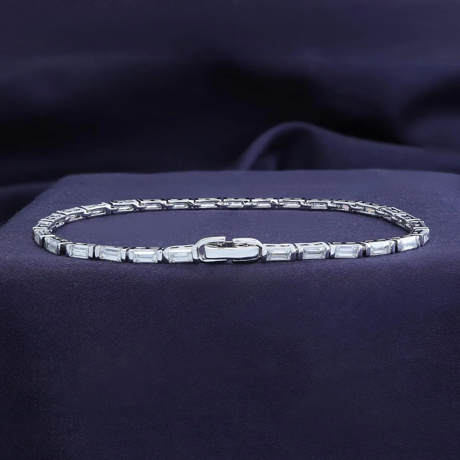 18K Gold Plated Moissanite Tennis Bracelet For Women | 2MM Width Classic Baguette Cut Moissanite Bracelet | Moissanite Stacking Dainty Bracelets for Brides