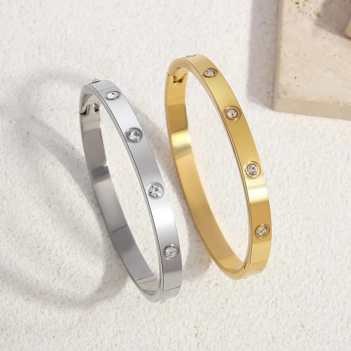 18K Gold Plated Open Clasp Bangle Bracelet for Women Men Stainless Steel Bangles With Cubic Zirconia Female Jewelry