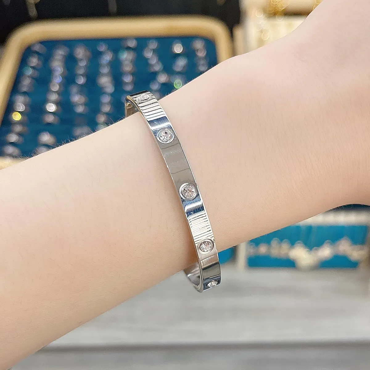 18K Gold Plated Open Clasp Bangle Bracelet for Women Men Stainless Steel Bangles With Cubic Zirconia Female Jewelry