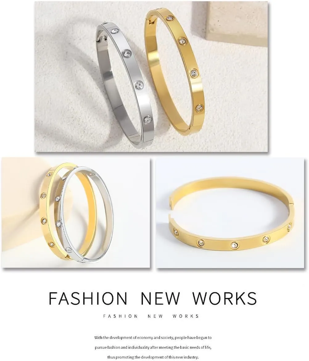 18K Gold Plated Open Clasp Bangle Bracelet for Women Men Stainless Steel Bangles With Cubic Zirconia Female Jewelry