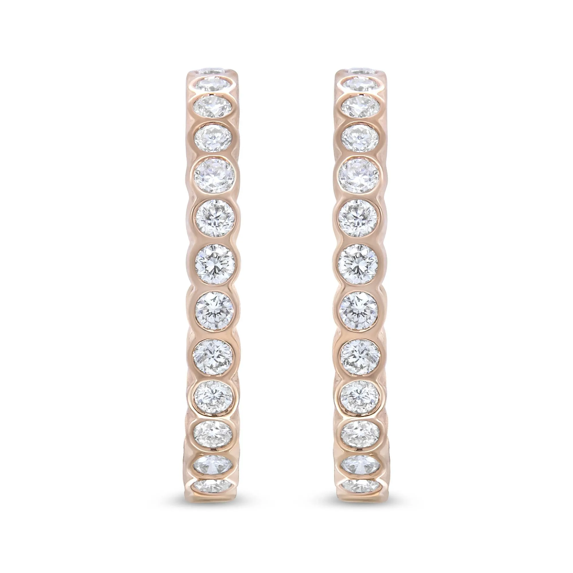 18K Rose Gold 1 Cttw Round Bezel-Set Diamond Hoop Earrings
