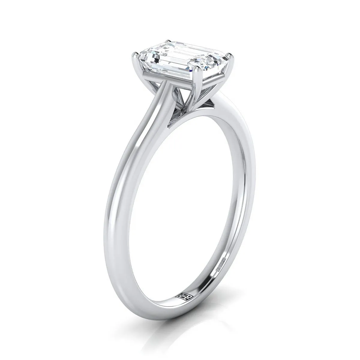 18K White Gold Emerald Cut  Pinched Comfort Fit Claw Prong Solitaire Engagement Ring