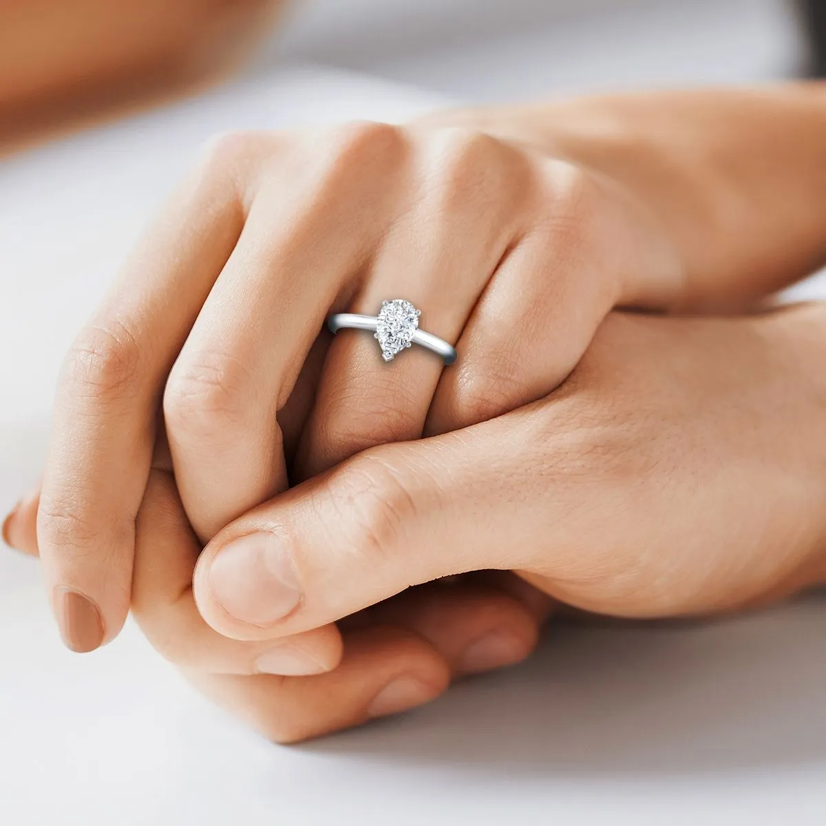 18K White Gold Pear Shape Center  Pinched Comfort Fit Claw Prong Solitaire Engagement Ring