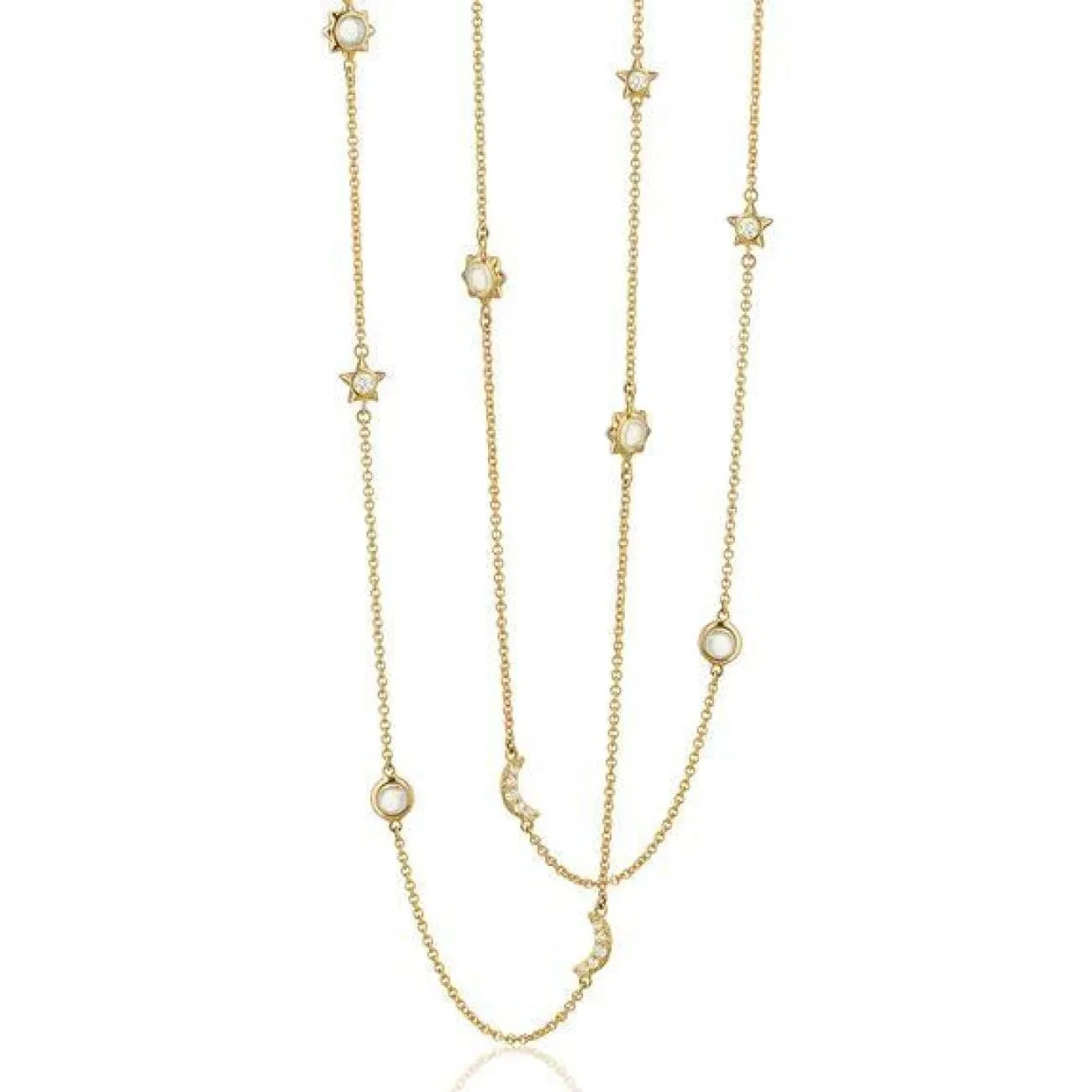 18KT Yellow Gold 47" Sun, Moon, and Stars Necklace with Opal
