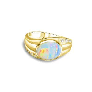 18kt Yellow Gold Multi colour Opal 9x7mm and Diamond ring