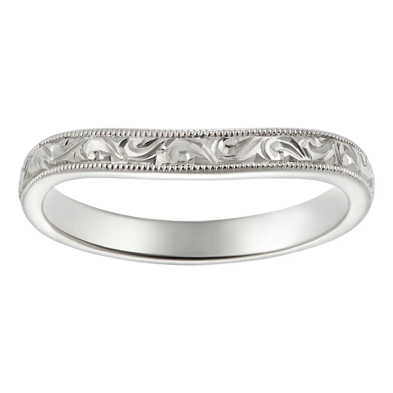 2.5mm Curved Platinum Wedding Band with Engraved Scroll Pattern