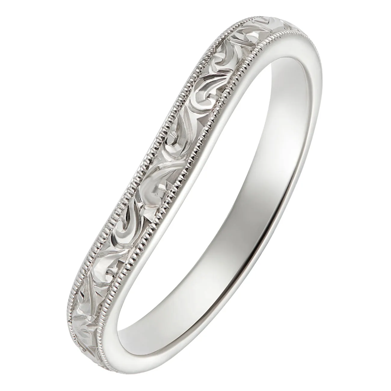 2.5mm Curved Platinum Wedding Band with Engraved Scroll Pattern