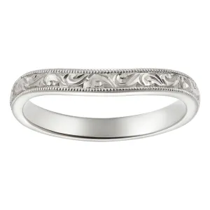 2.5mm Curved Platinum Wedding Band with Engraved Scroll Pattern