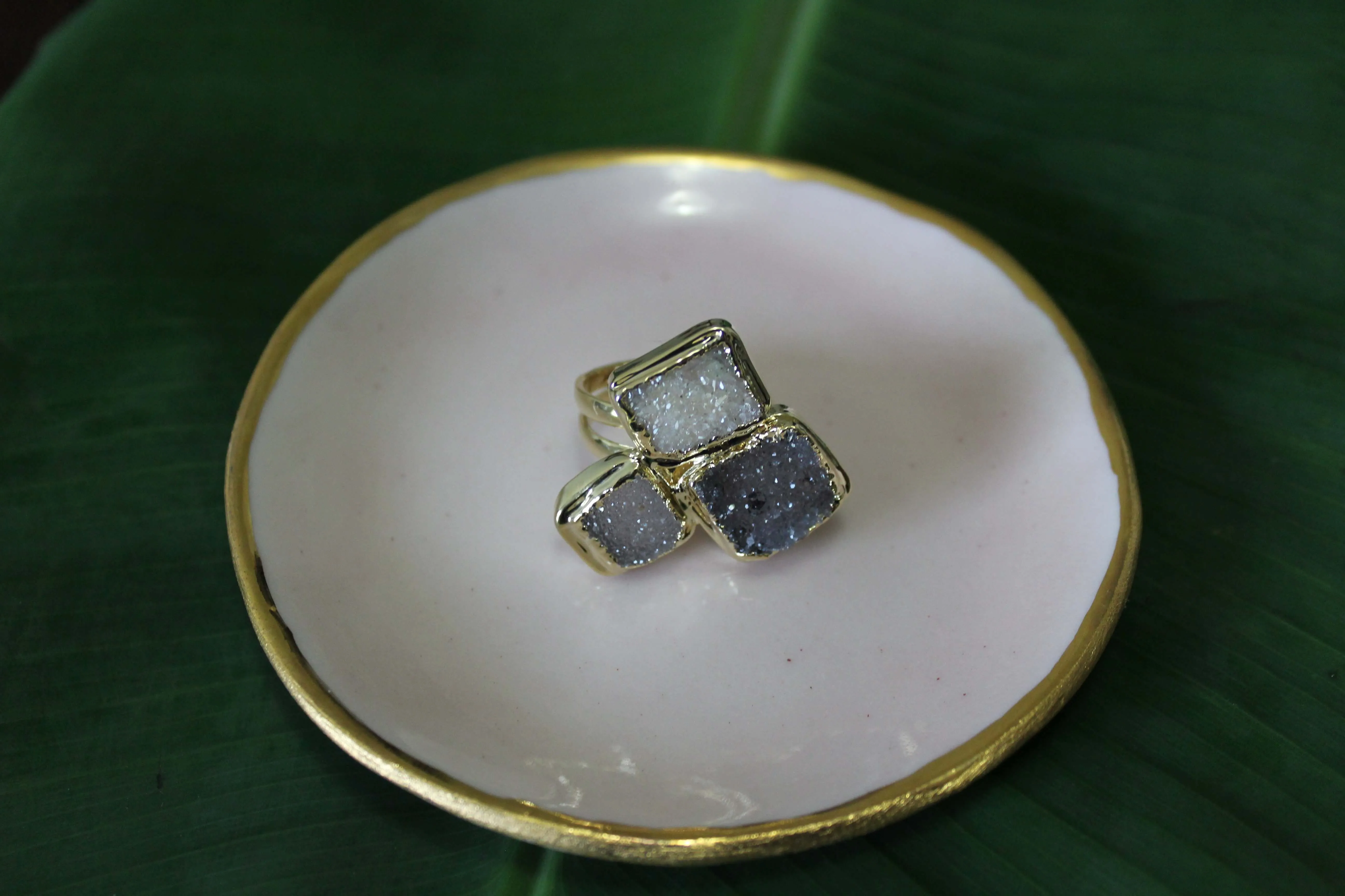 3 Stone Natural Druzy Ring