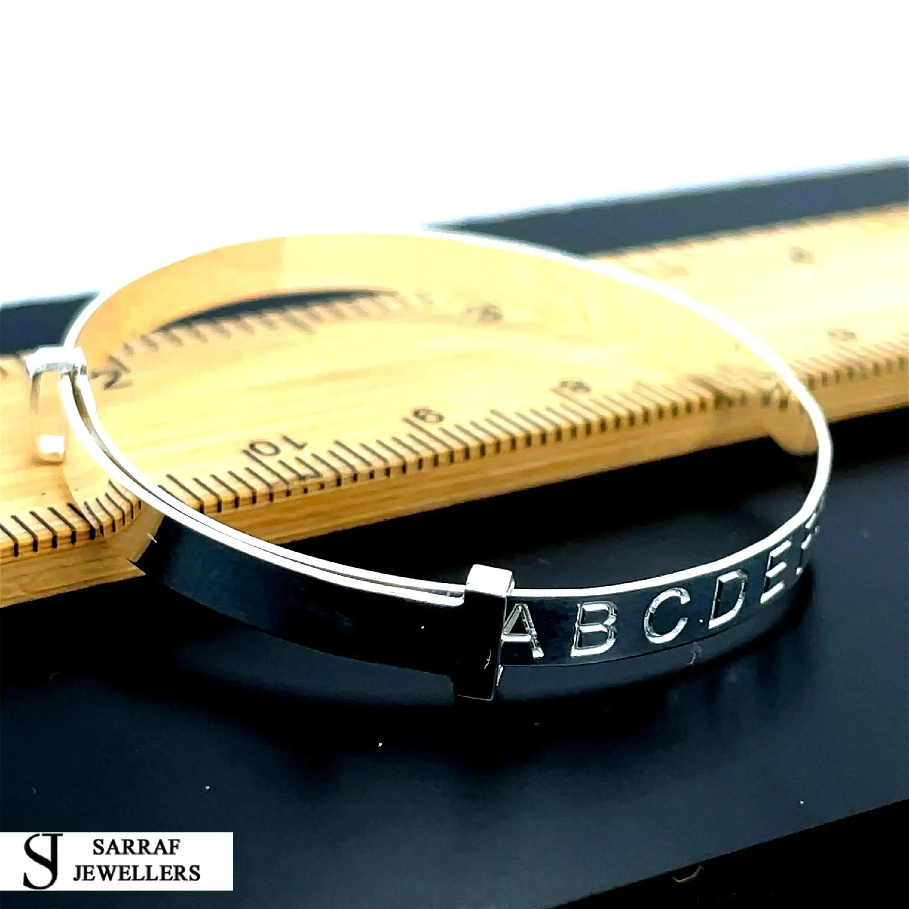 925 Sterling Silver Baby Alphabet Expandable Bangle Diamond Cut Design | Shop Online Sarraf Jewellers UK