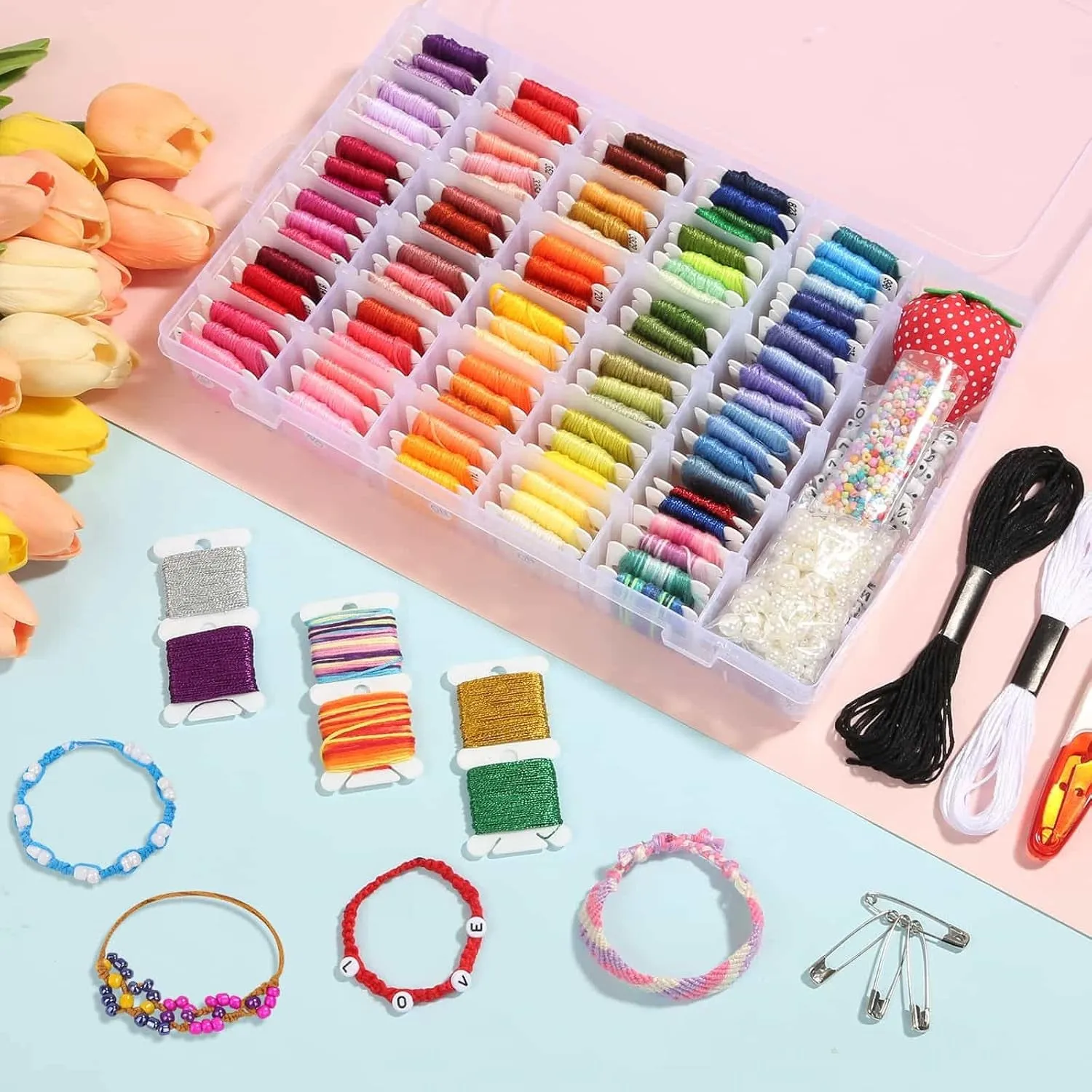 985Pcs String Bracelet Making Kit, Friendship Bracelet String Kit with 110 Skeins Embroidery Floss Cross Stitch Thread, 830 Beads for Friendship Bracelet Making, 45Pcs Embroidery Tools