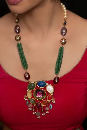 Advita Navratan Long Kundan Necklace Set with Earrings