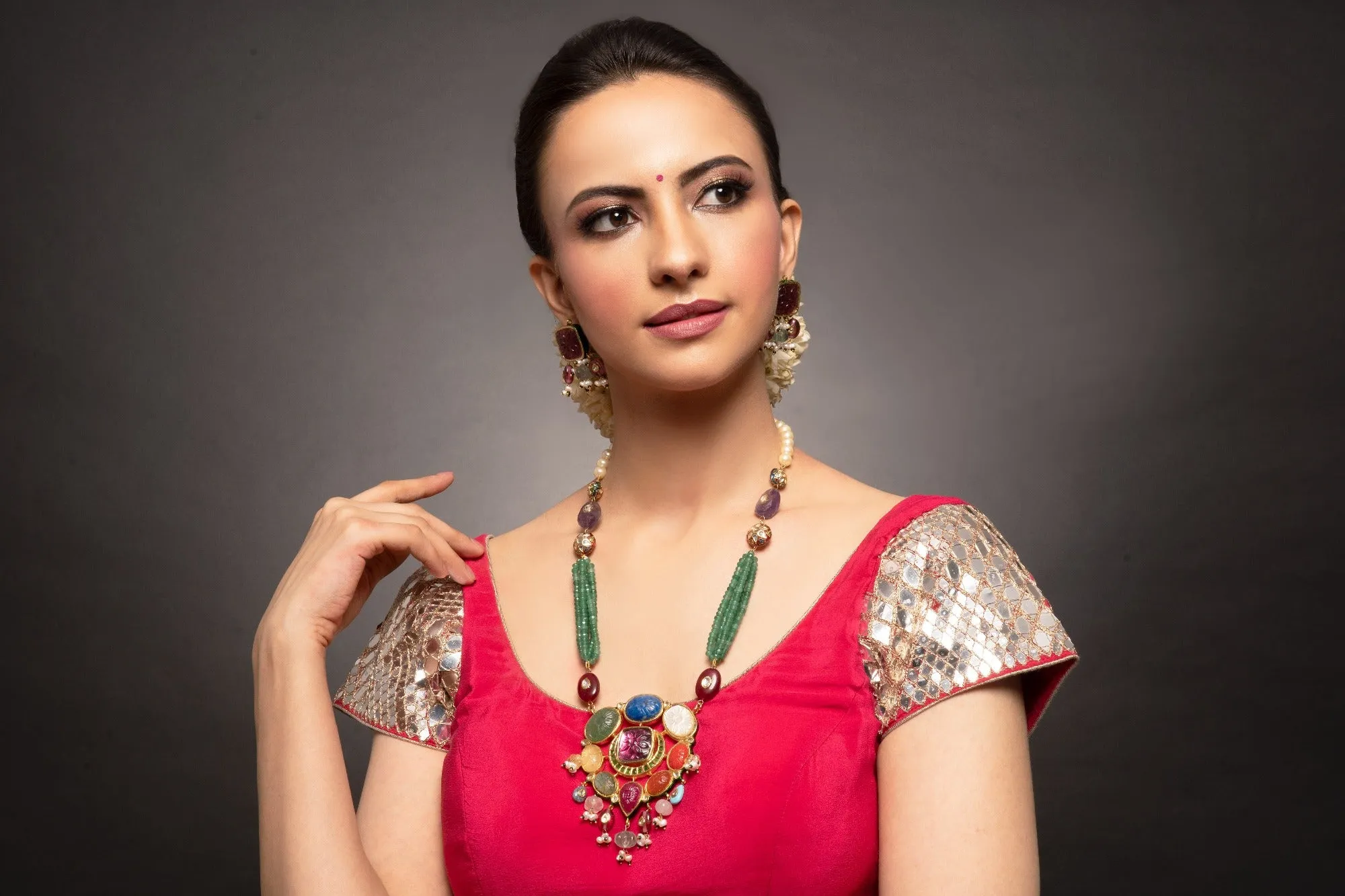 Advita Navratan Long Kundan Necklace Set with Earrings