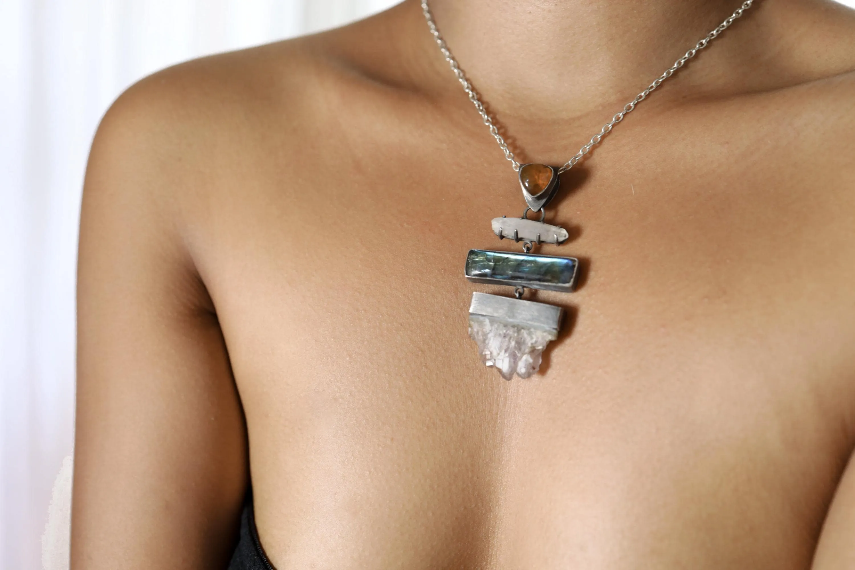 Amethyst Geode Slice and Blue Labradorite Dangling Crystal Pendant, Claw Set Lemurian Quartz & Ethiopian Opal in Oxidized Sterling Silver