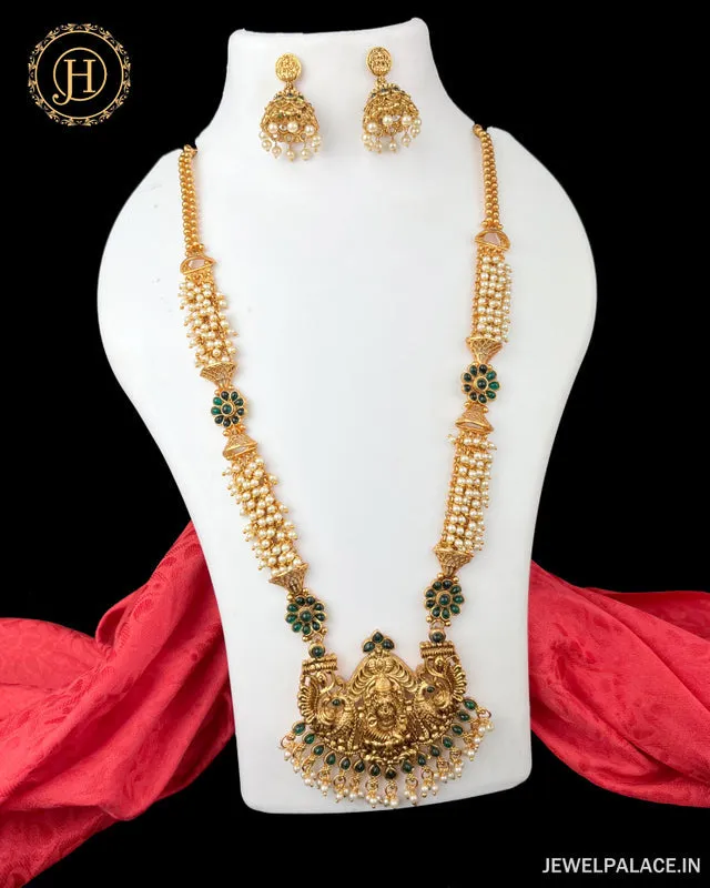 Antique Gold Finish Long Haram With Matching Earrings  JH3151