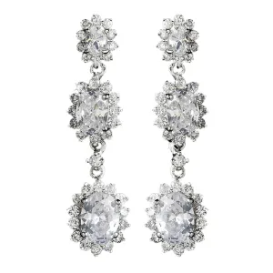 Antique Silver Clear Cubic Zirconia Triple Oval Drop Bridal Wedding Earrings 9044