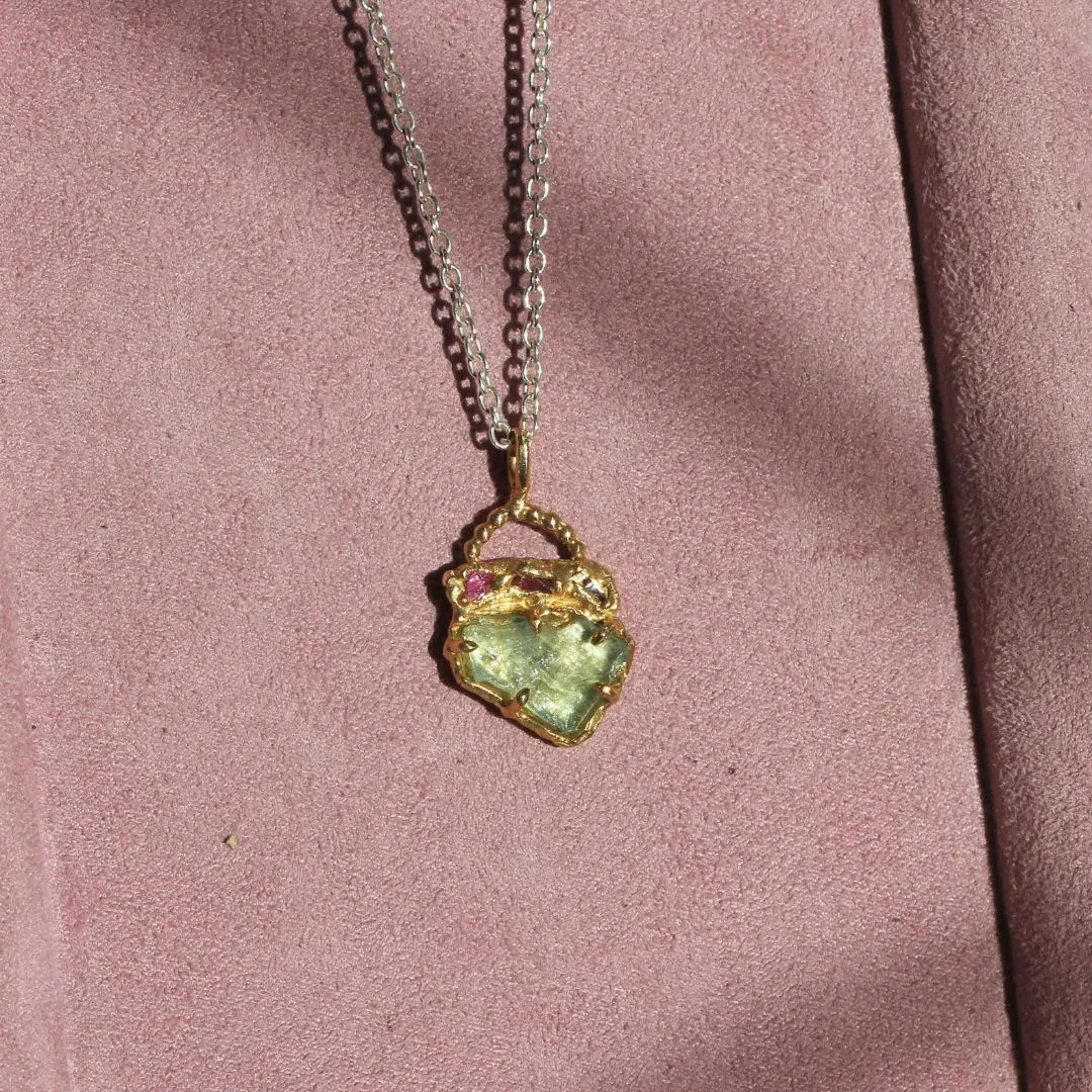 Aquamarine and Ruby Organic Textured Brass Necklace