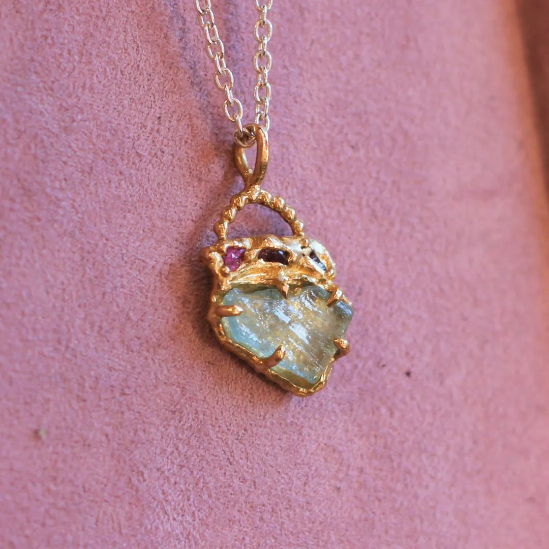 Aquamarine and Ruby Organic Textured Brass Necklace