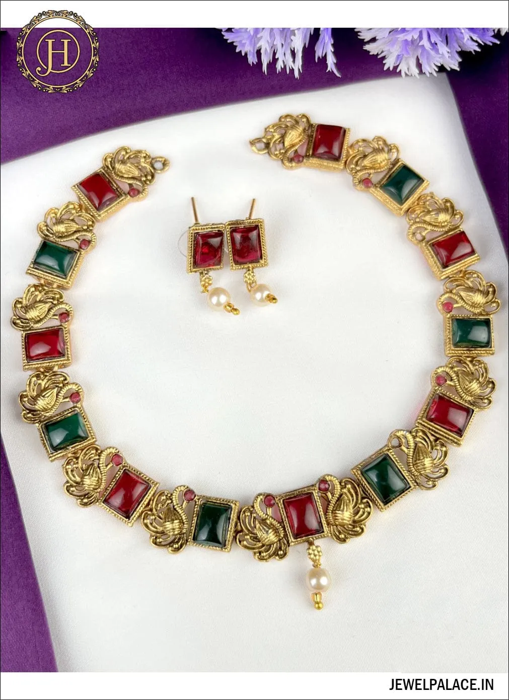 Attractive Gold Plated Kemp Stone Matte Necklace With Matching Earrings JH2624