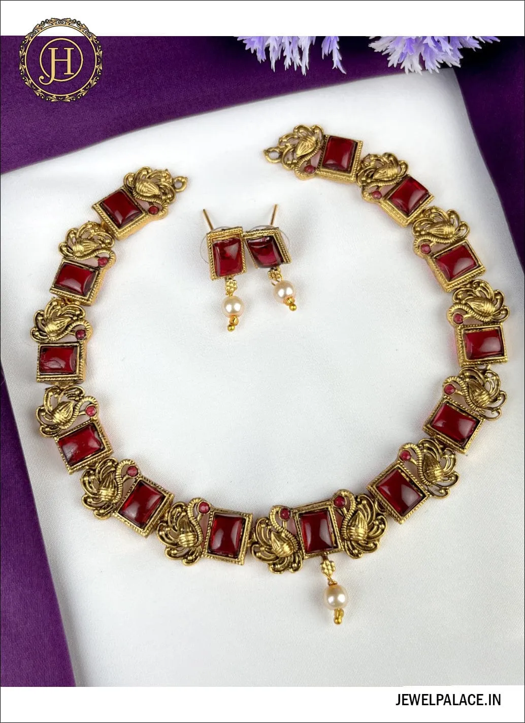 Attractive Gold Plated Kemp Stone Matte Necklace With Matching Earrings JH2624