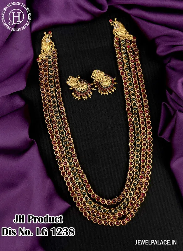 Beautiful Gold Plated 4Layer Kemp Stone Haram With Earrings JH2644