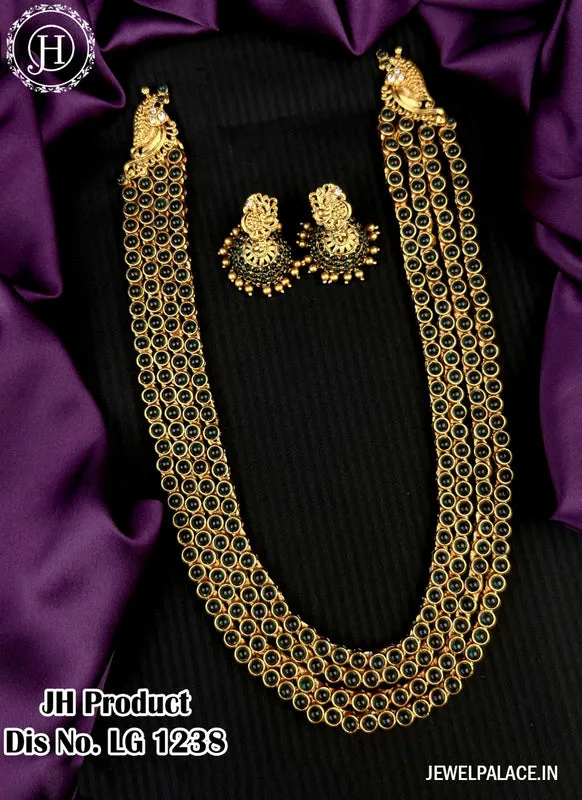 Beautiful Gold Plated 4Layer Kemp Stone Haram With Earrings JH2644