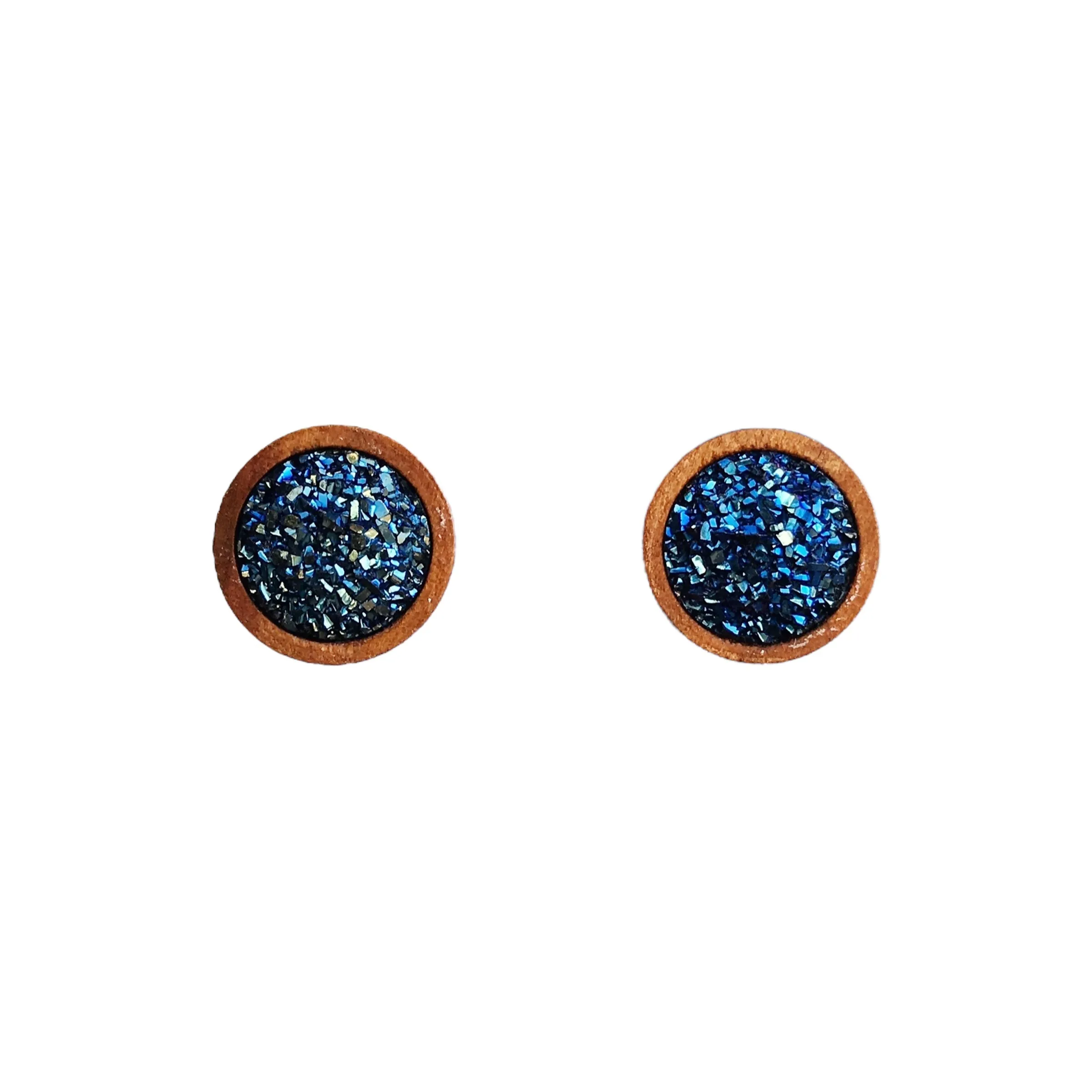 Blue Glitter Druzy Wood Stud Earrings - Sparkling Statement Accessories