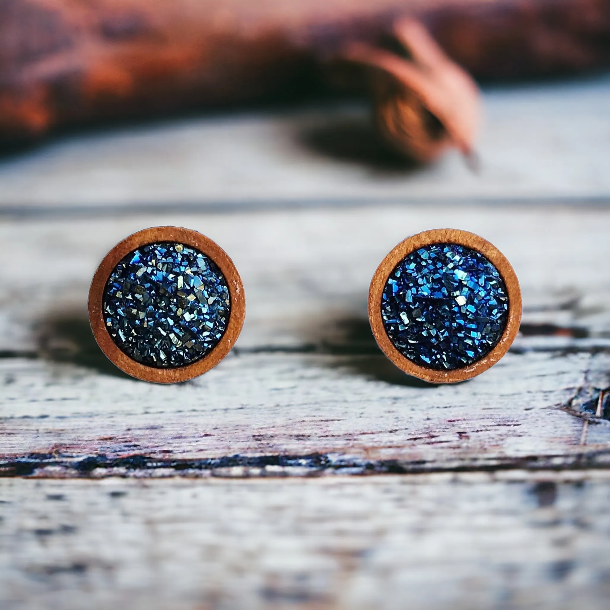 Blue Glitter Druzy Wood Stud Earrings - Sparkling Statement Accessories