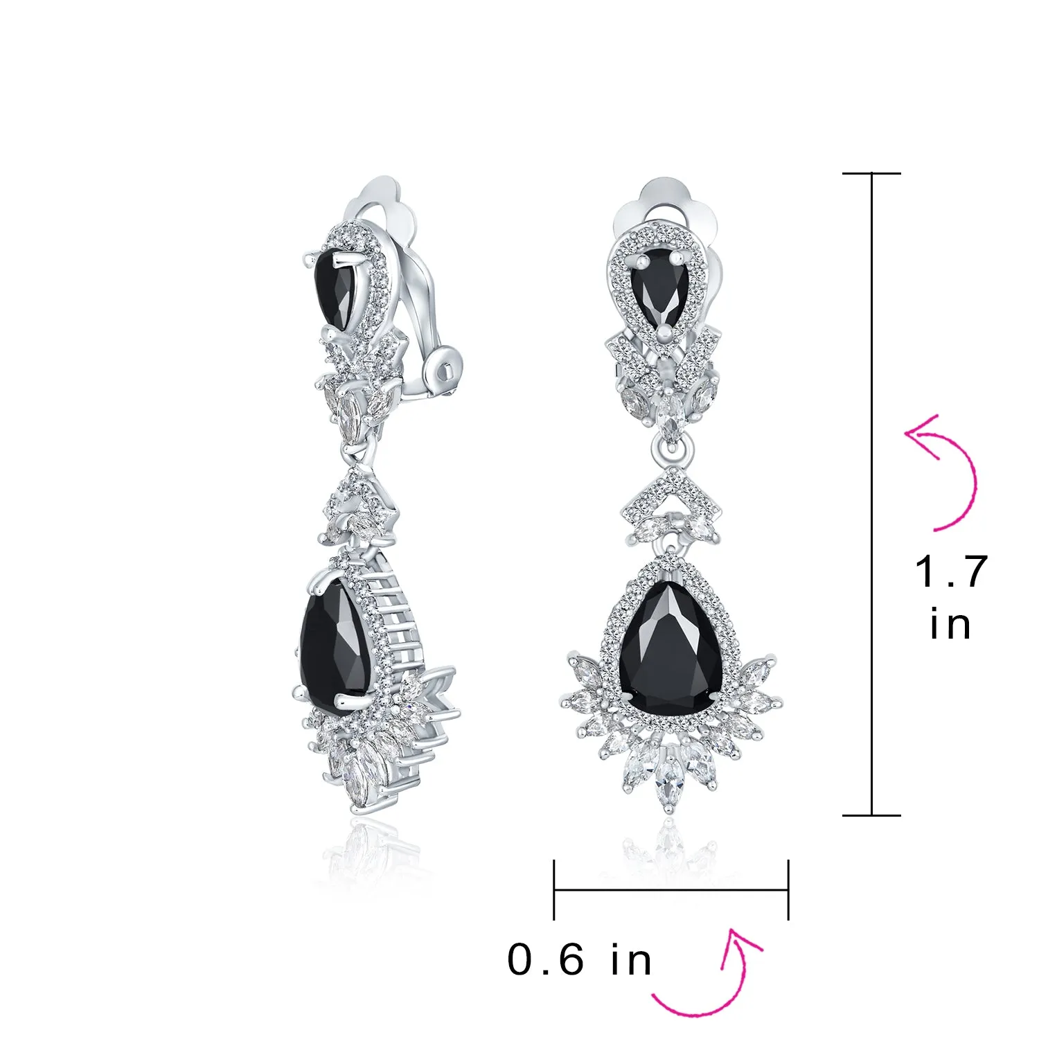 Bridal Black Onyx CZ Chandelier Clip-On Earrings Vintage Art Deco Style